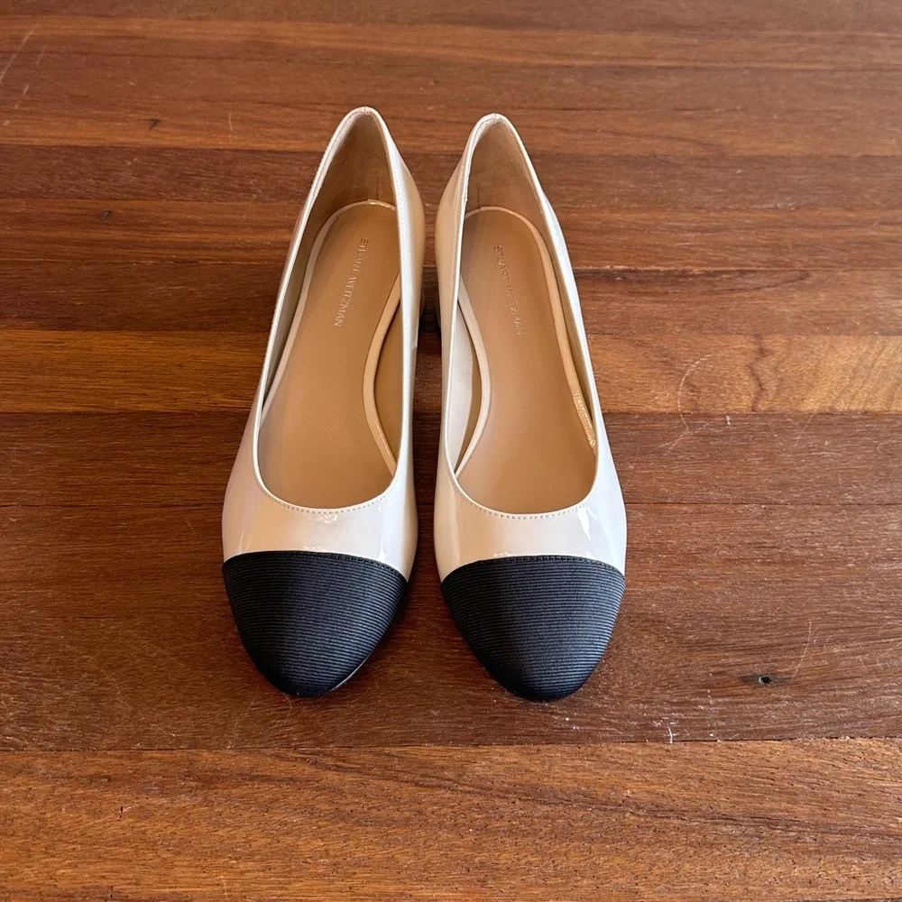 Stuart Weitzman Gabby 45 Block Heel Pump 8 White Black Leather New in Box